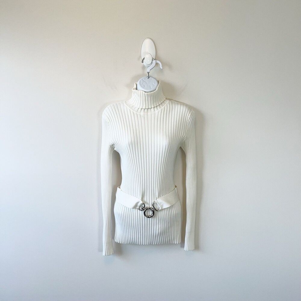 Vintage Sara I. Belted Ribbed Turtleneck Sweater Cream Y2K Women's Size Small